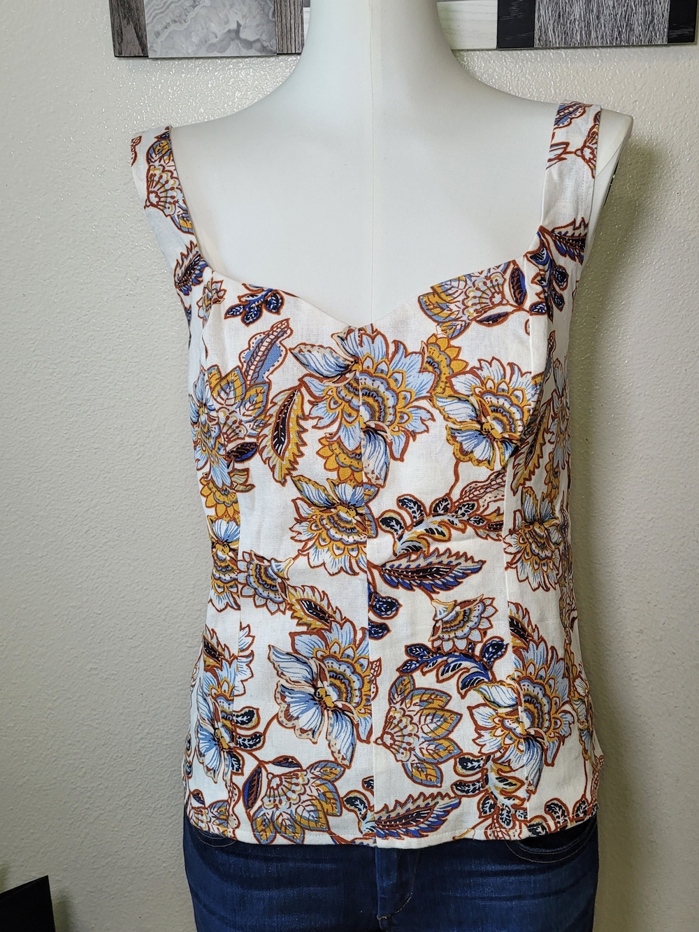 Old Navy Linen White Floral Sweetheart Camisole with Blue & Mustard Accents Med